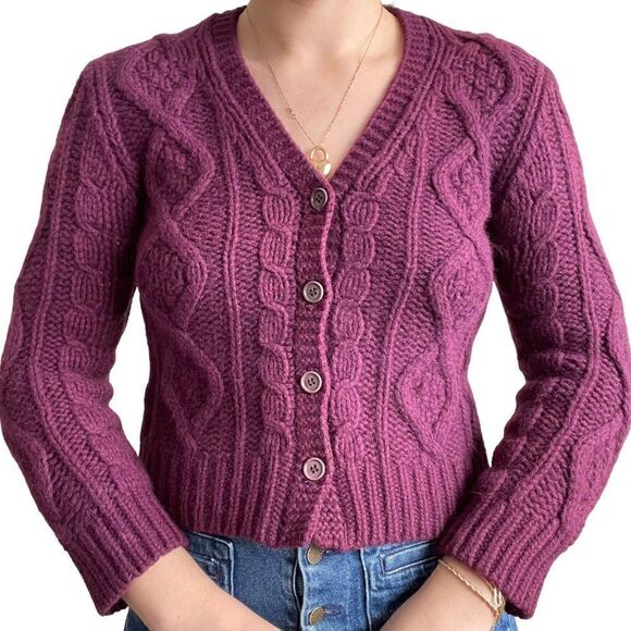 J Crew Womens Purple Chunky Cable Knit Alpaca Wool Blend Cardigan Sz XS - Picture 8 of 9